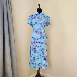 Vintage Y2K Blue & Purple Floral Polyester STUDIO I Qipao Midi Skirt Set - 16